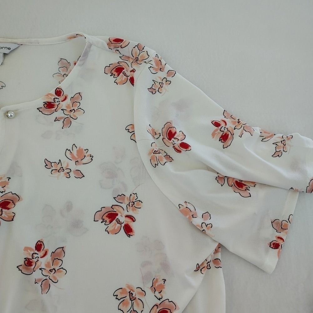 Liz Claiborne Ivory Floral Keyhole Neck Pearl Accent Flutter Sleeve Blouse 2X - Picture 9 of 14
